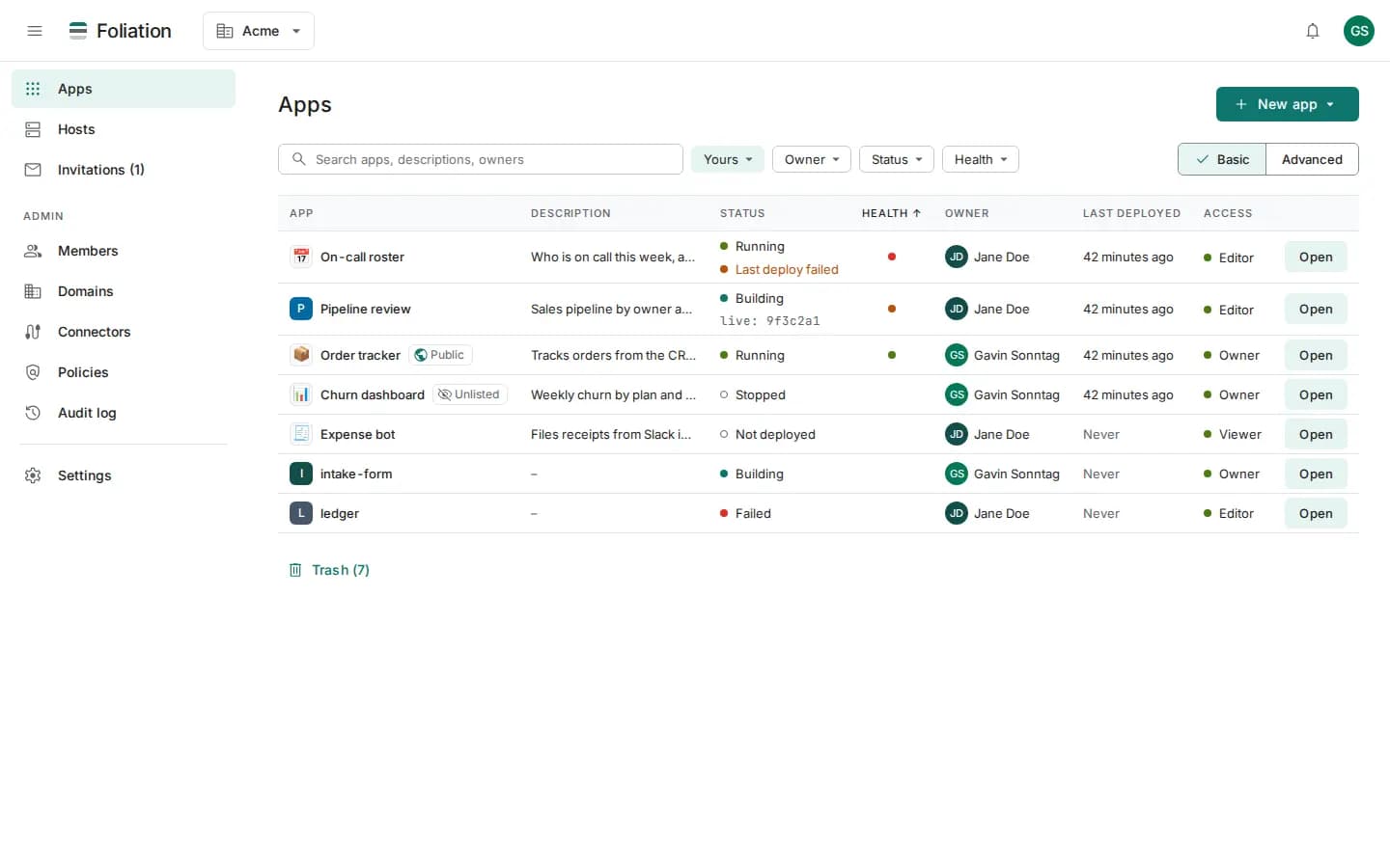 Foliation apps list with status, health, owner, and access columns