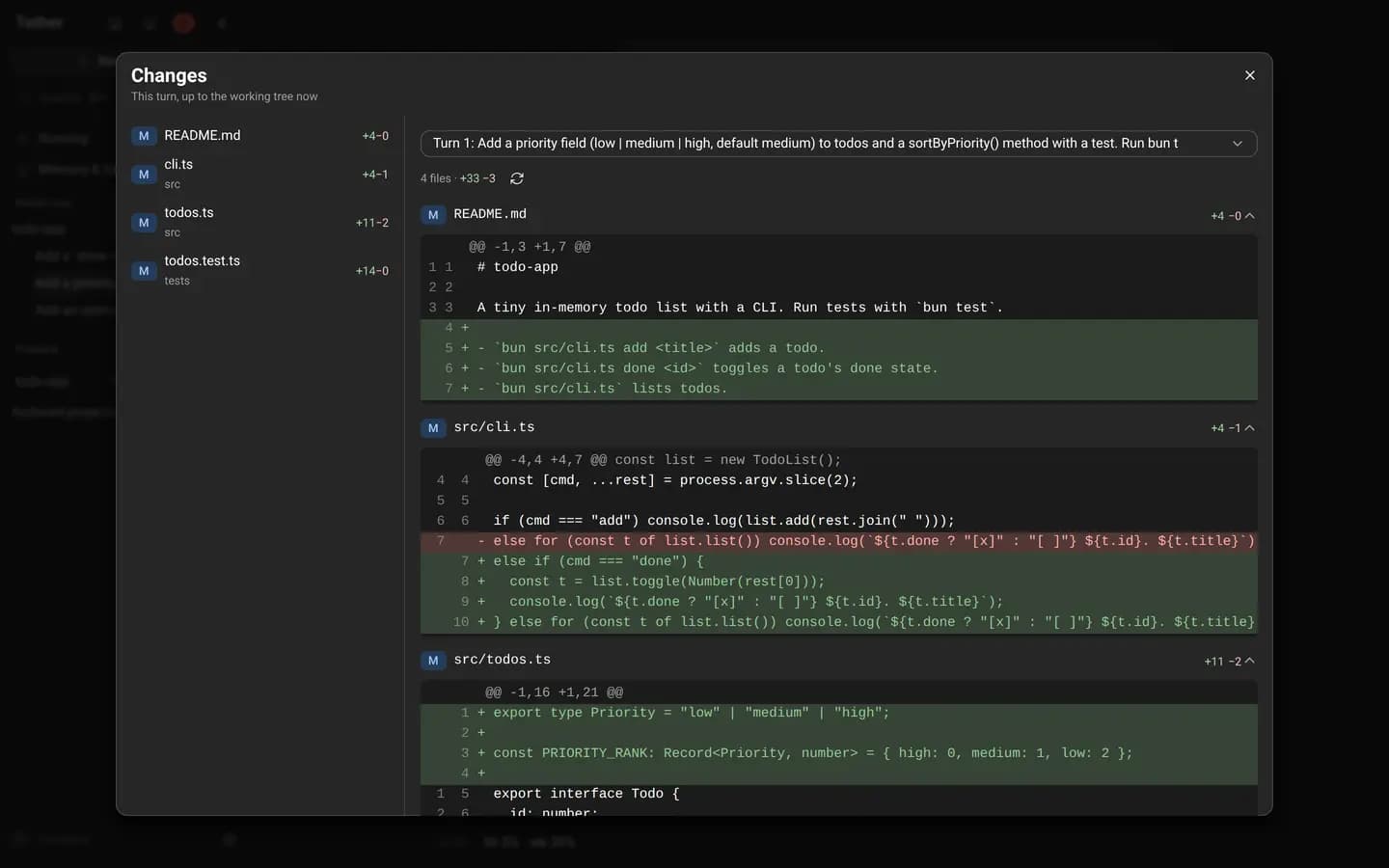 Per-session changes diff view