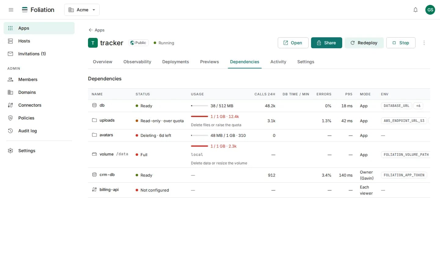 App dependencies: managed database, buckets, volume, and brokered connectors