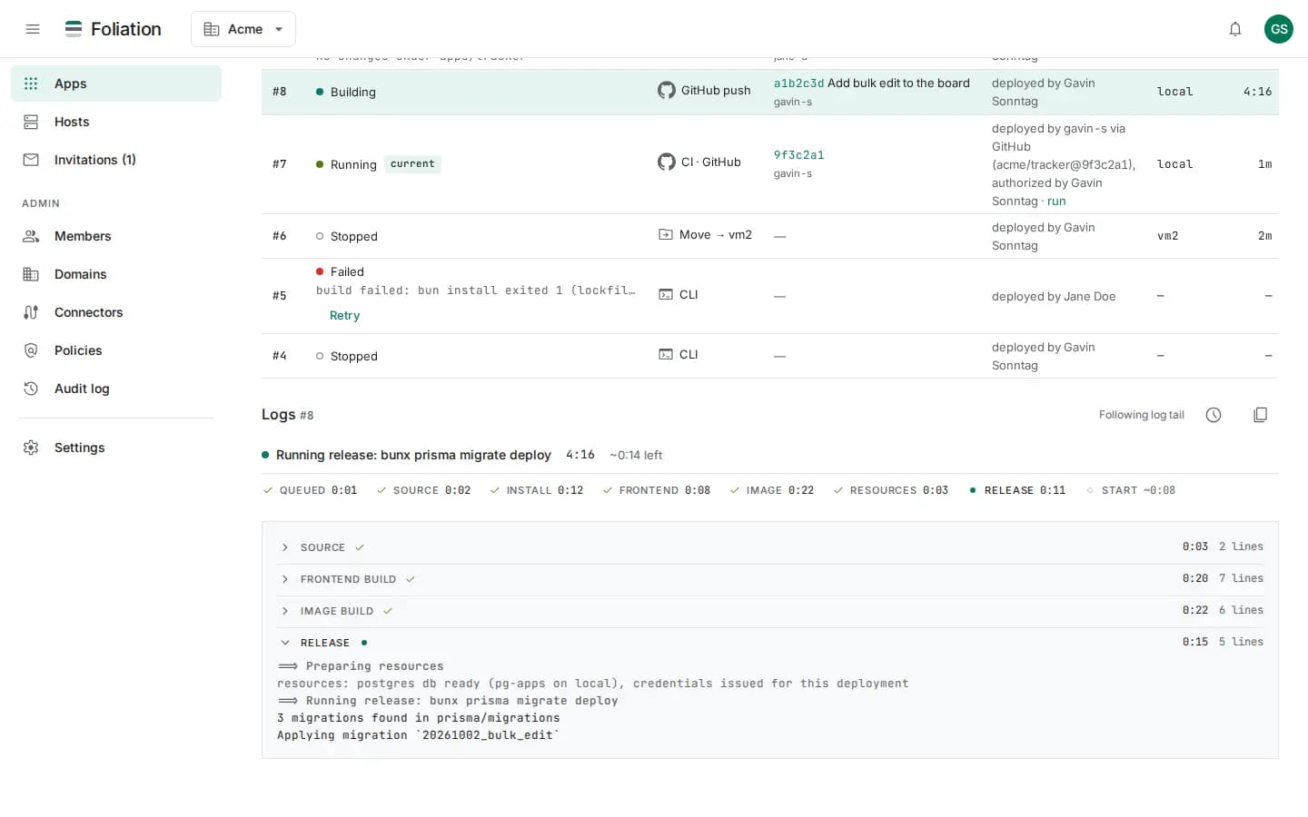 Deployments list with a live build log split into stages