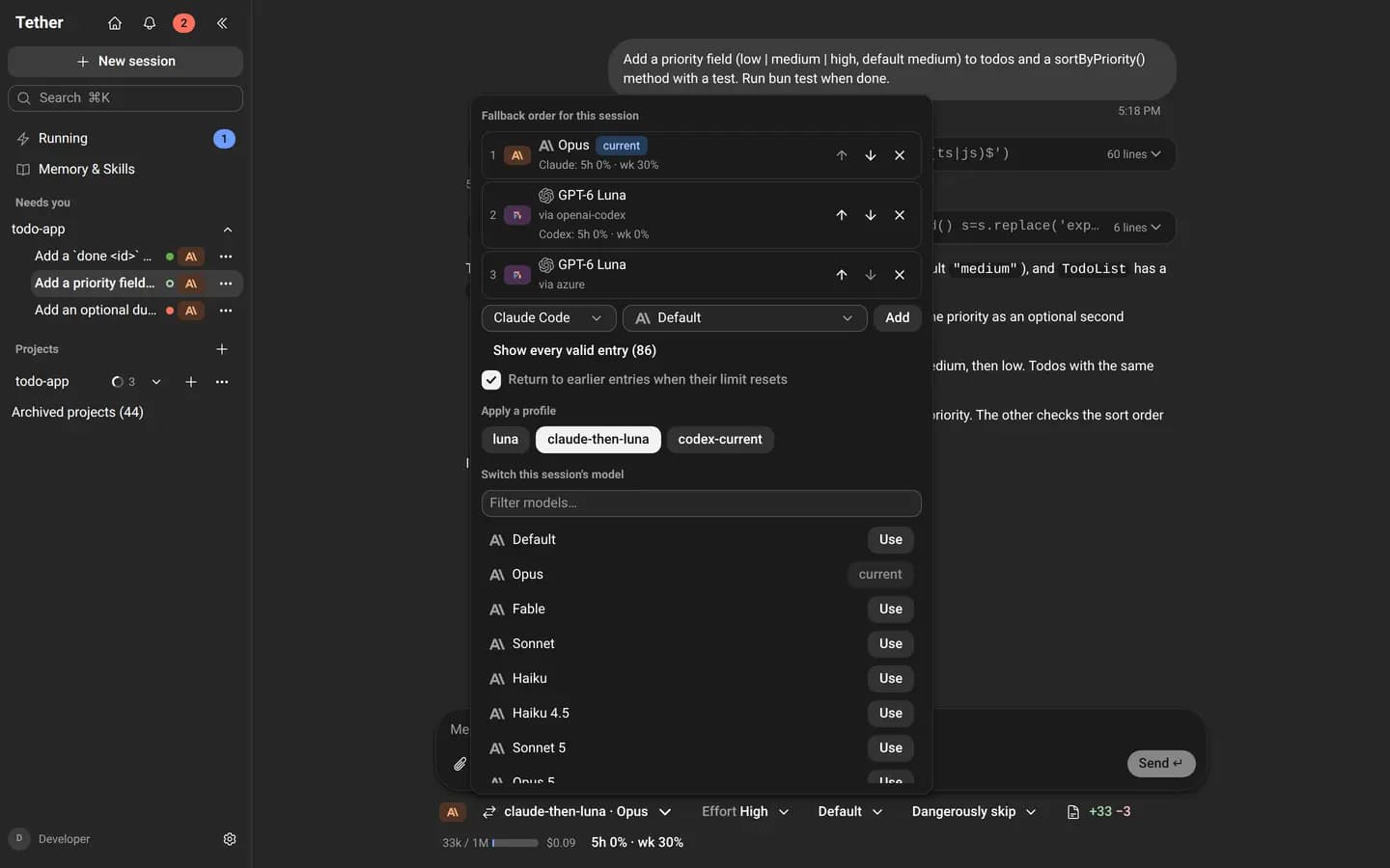 Model picker with a per-session fallback order across providers
