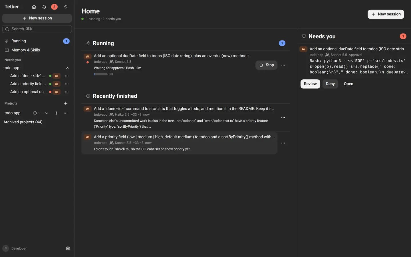 Tether home dashboard with running and finished sessions