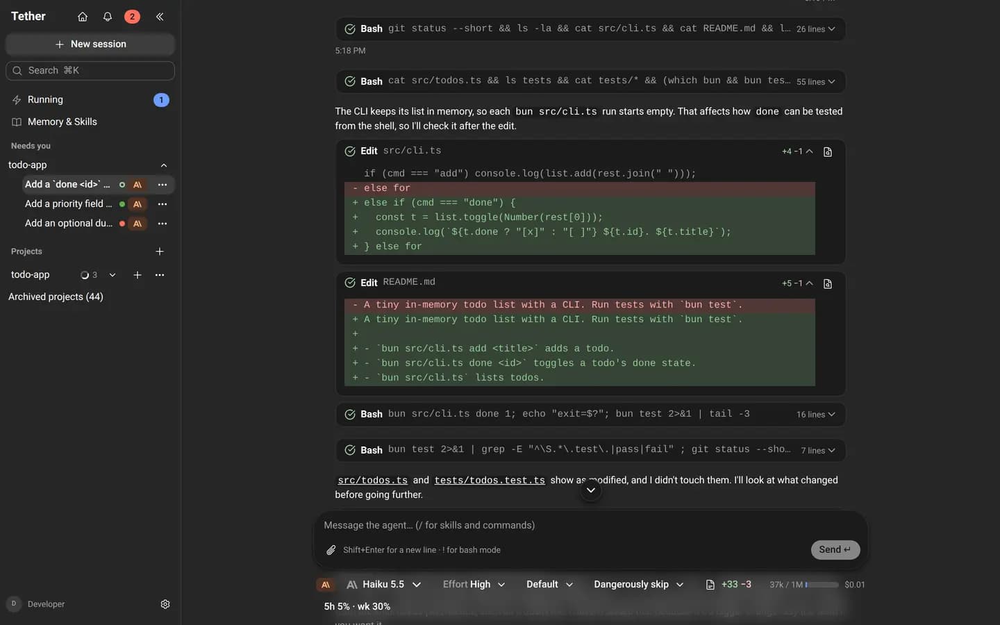 Agent session transcript with tool calls and diffs